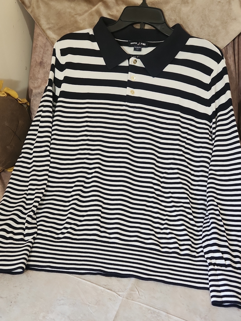 Nautica Navy and White Striped Long-Sleeve Polo With Gold ✨️ Buttons